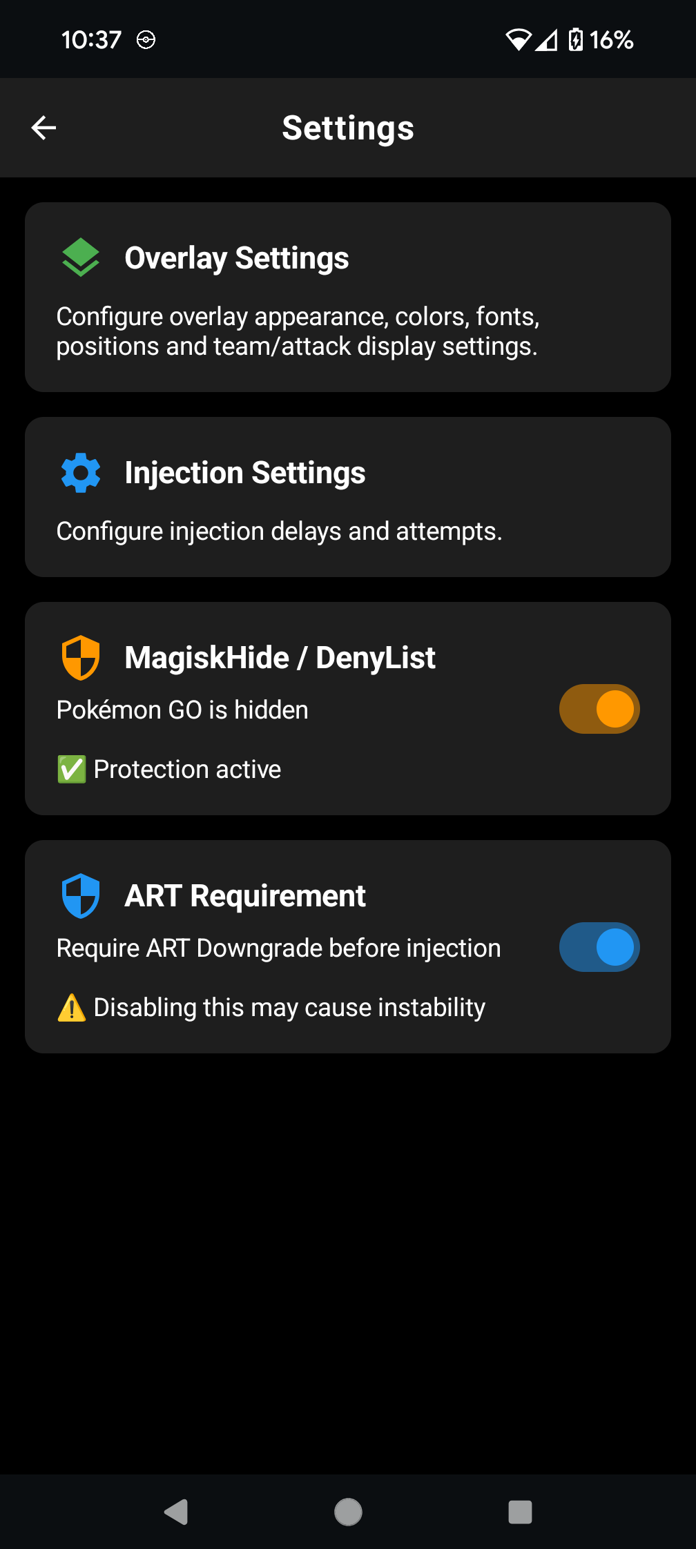 Settings interface
